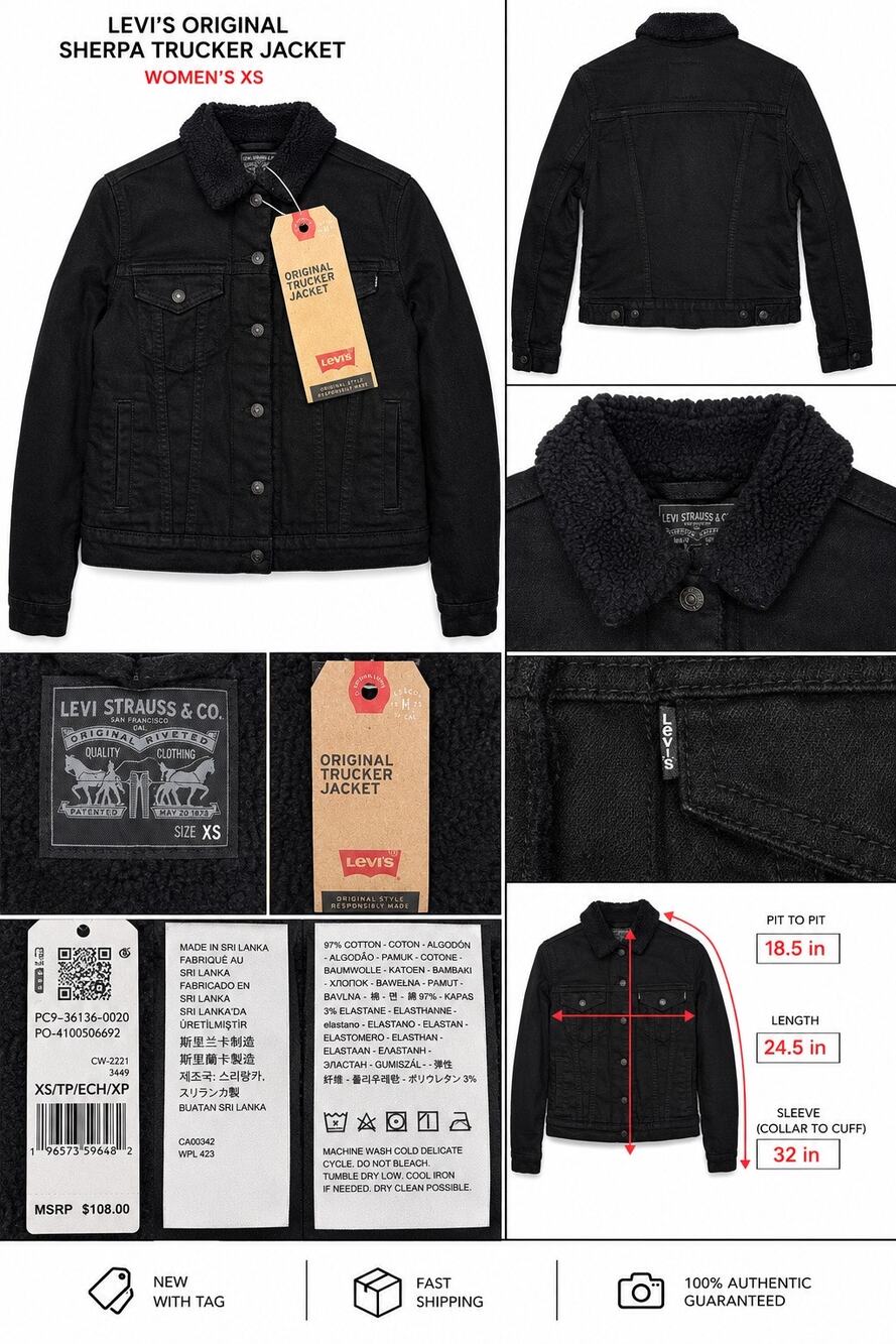 Levi’s Original Sherpa Trucker Jacket Women’s XS Black Fleece Lined Stretch